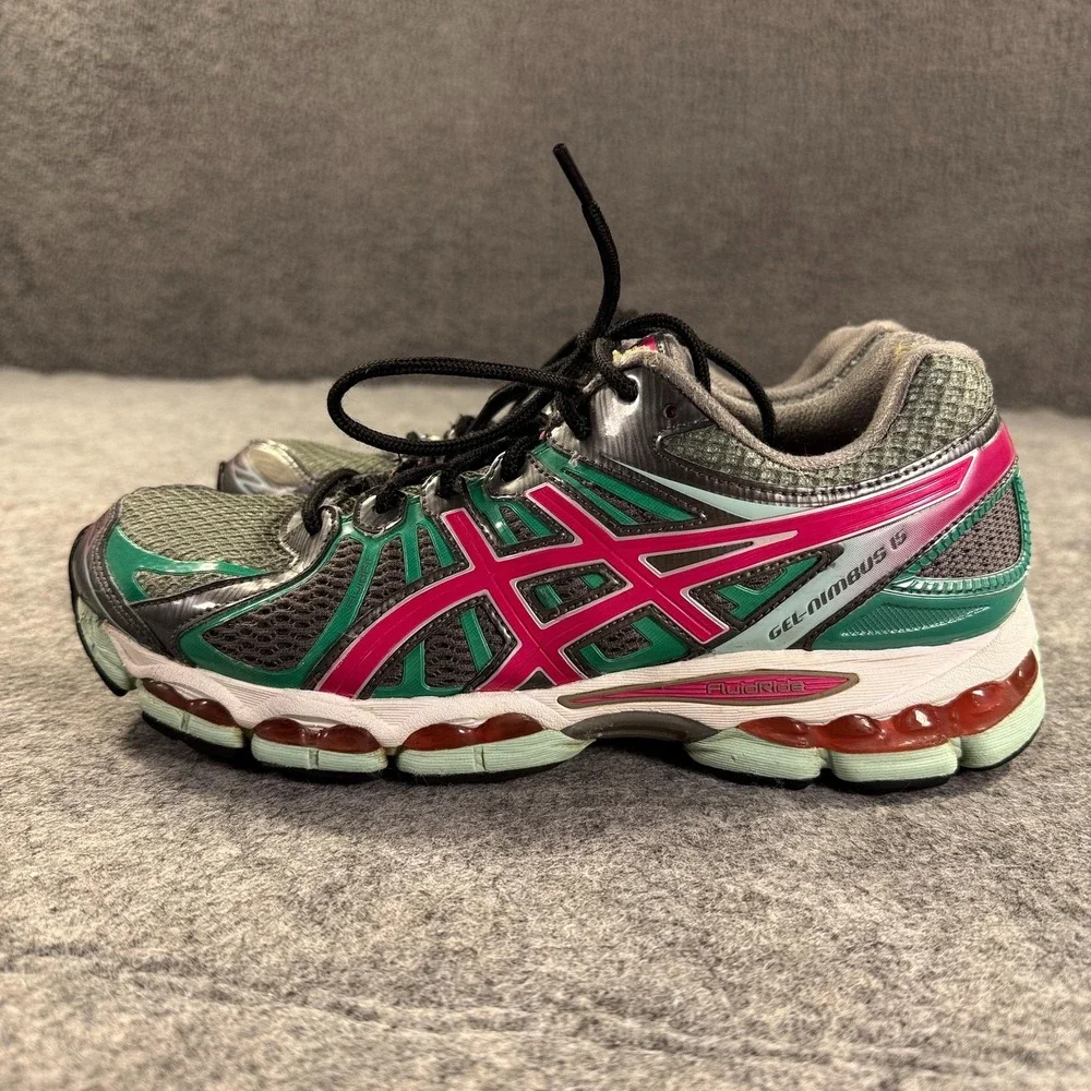 Asics Gel Nimbus 15 Shoes Womens‎ Size 10 Gray Teal Pink Running Sneakers Retro
